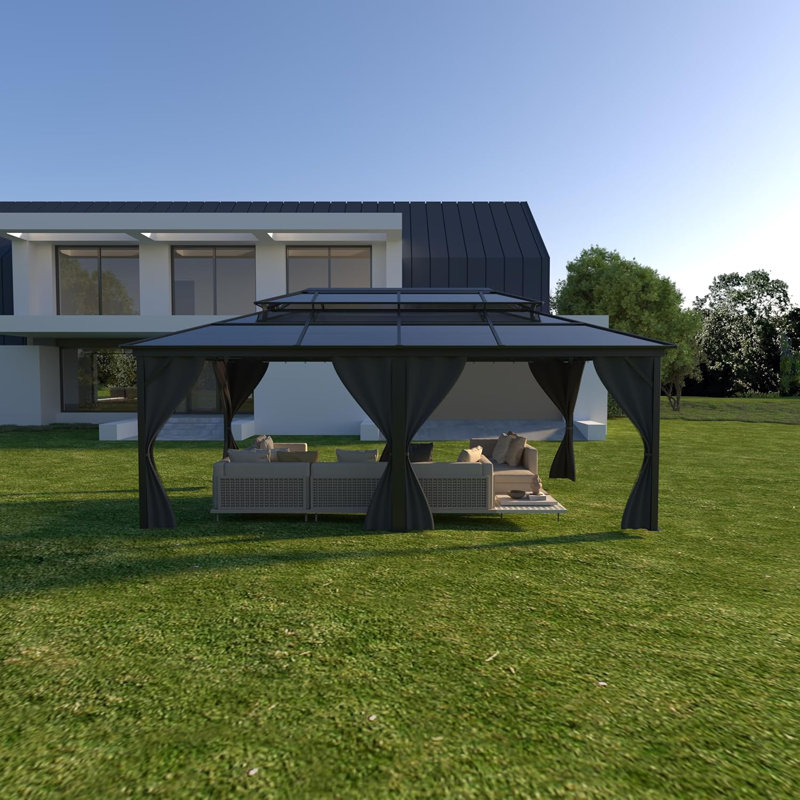 Pavillon de jardin 12 po x 20 pi, structure en aluminium, toit double en polycarbonate, avec filet et rideaux