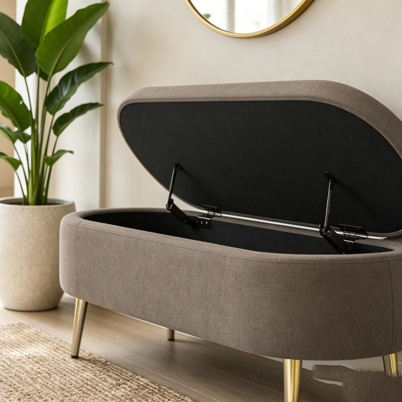 Banc de rangement repose-pieds ovale avec pieds en métal, Brun