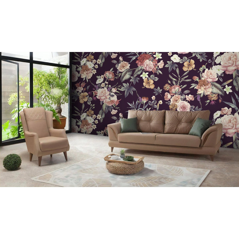 Papier peint amovible foncé avec bouquet de fleurs et feuilles, L 114 po x l 204 po