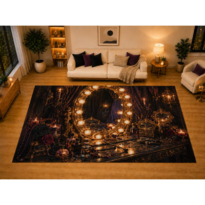 "Ultra Light Weight" Large 6'7" x 9'10" Gothic Vanity Mirror Area Rug for Living Room Bedroom Dining Area, Soft Low Pile Non-Slip Backing, Black Burgundy Victorian Decor