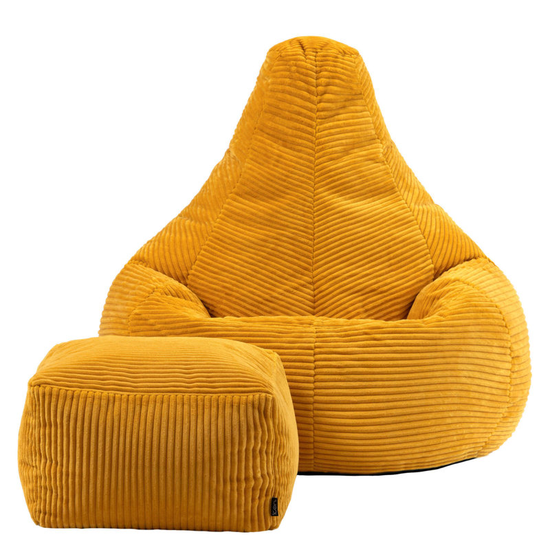 Bean Bag Bazaar Dalton Corduroy Recliner Bean Bag and Footstool, Ochre Yellow