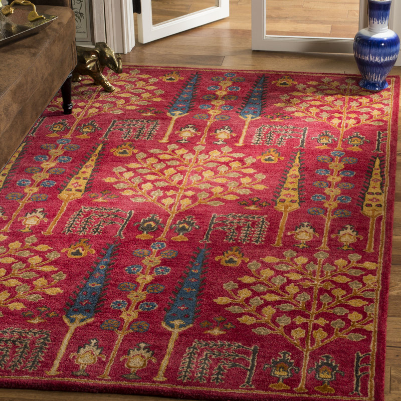 Tapis rouge en laine touffeté à la main Wahcheechee, Rectangle de 10 pi x 14 pi