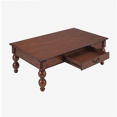 Rectangular Wooden Coffee Table with Storage Drawer, Vintage Cocktail Table with Solid Wood Gourd-Shaped Legs for Living Room,No-Tools Assembly (Walnut)