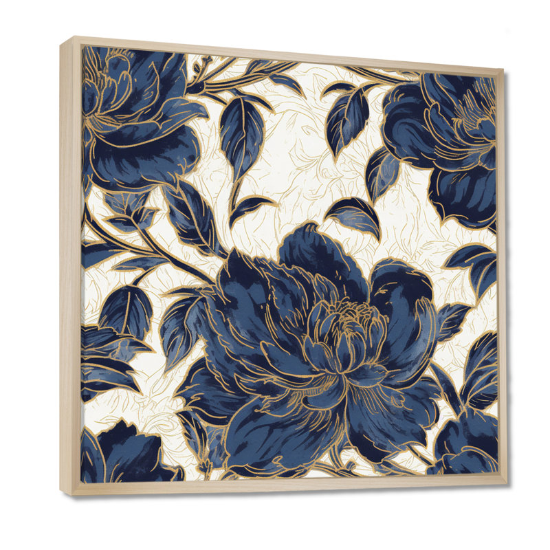 Art mural pivoines bleues et or IV, H 24 po x l 24 po x P 1 po, Cadre flottant érable