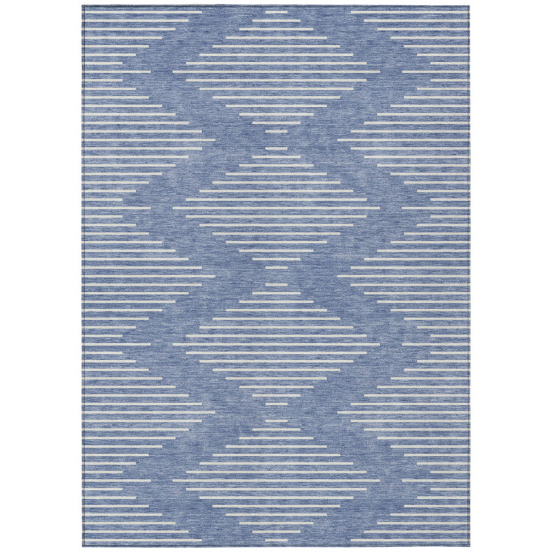 3' X 5' Denim Blue And Ivory Geometric Washable Indoor Outdoor Area Rug