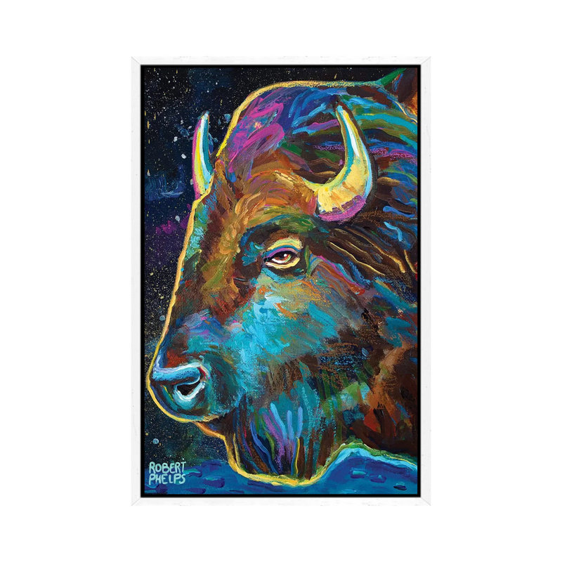 Galactic Buffalo by Robert Phelps - Painting on Canvas, 101.6cm H x 66.04cm W x 3.81cm D, White Framed
