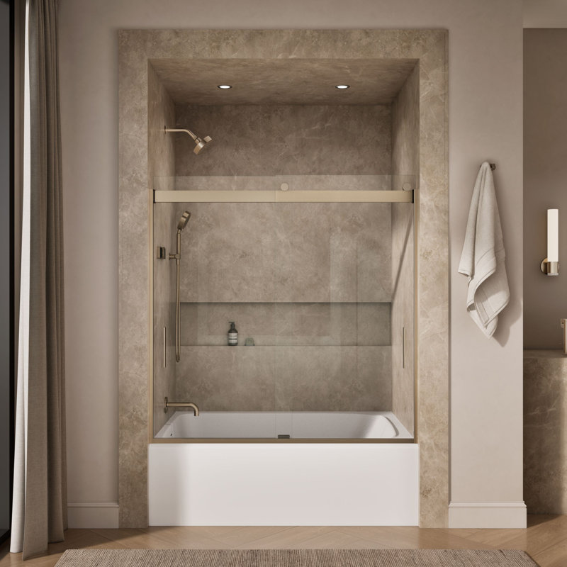 Levity 59.63" x 59.75" Bypass Bath Door with CleanCoat® Technology, Clear, Anodized Brushed Bronze