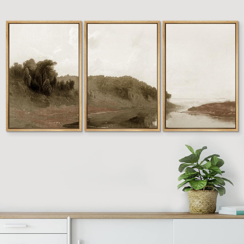 Rustic Countryside " Dark Green Forest Hill With Lake " 3 - Pieces, 24" H x 48" W x 1.5" D, Natural