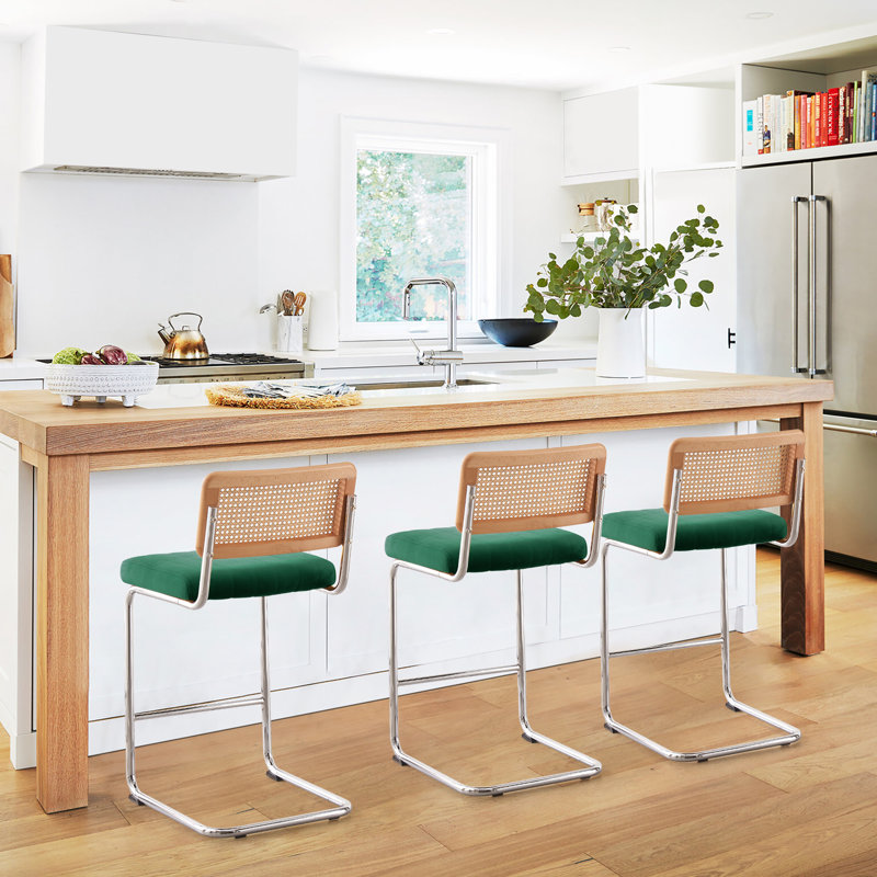 Tabouret rembourré en velours Krickelin, Tabouret de comptoir (siège d'une hauteur de 26 p, Argent, Vert foncé