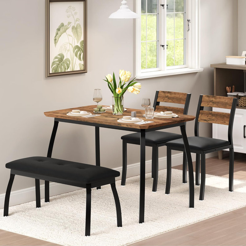 43'' Dining Table Set for 4, Wooden Kitchen Table with Upholstered Bench & 2 Cushion Chairs, Industrial Dinette Set for Studio, Kitchen, Dining Room, Apartment, Retro