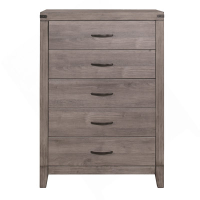 Commode de chambre à coucher à finition brun gris 1 pièce avec 5 tiroirs en mélamine laminée et métal foncé
