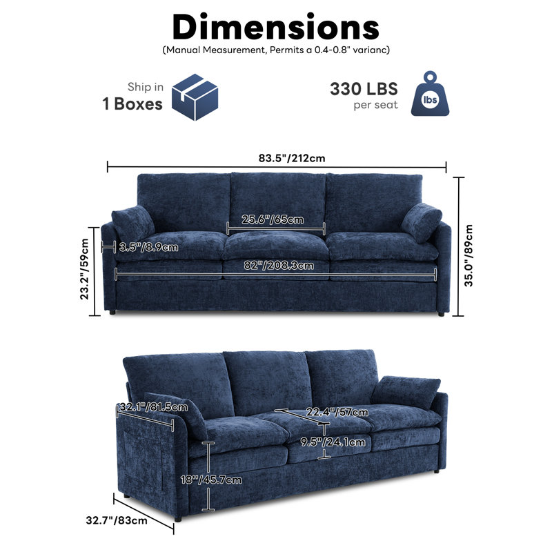 Canapé rembourré en chenille de luxe l 89 po, Bleu