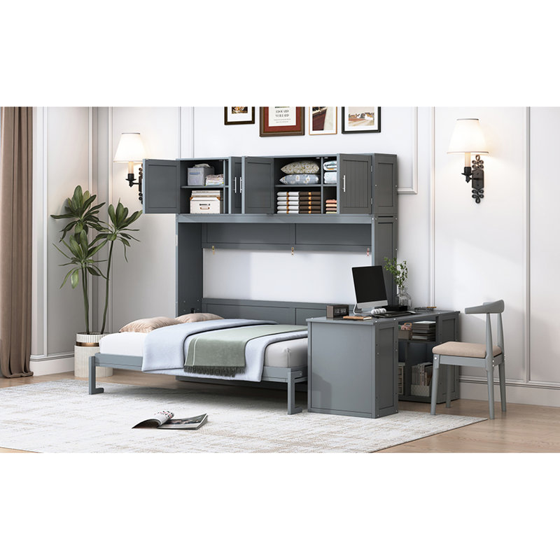 Grand lit gris avec fixation murale, bureau, peu encombrant, capacité de 600 lb, gris, support de poids réglable