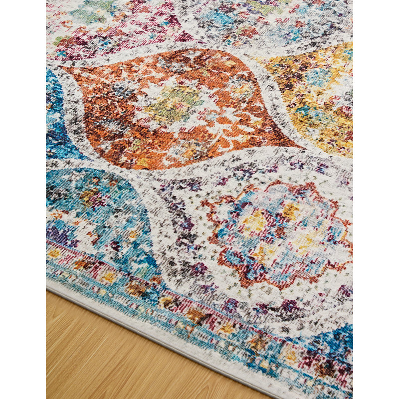 Tapis rectangulaire bleu / rouge / orange en polyester lavable à la machine Maevyn, Rectangle 5 pi 3 po x 7 pi 3 po