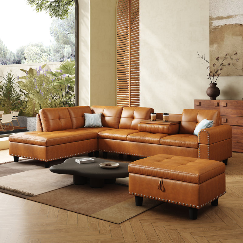 Canapé modulaire surdimensionné en cuir 97,5 po, canapé en L, 2-Piece(Sofa）, Brun