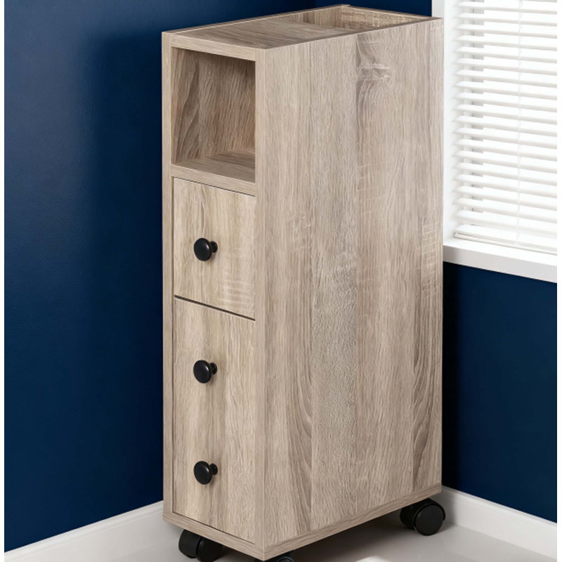 Armoire de salle de bain autoportante compacte avec plusieurs solutions de rangement et roulettes, finition grain de chêne