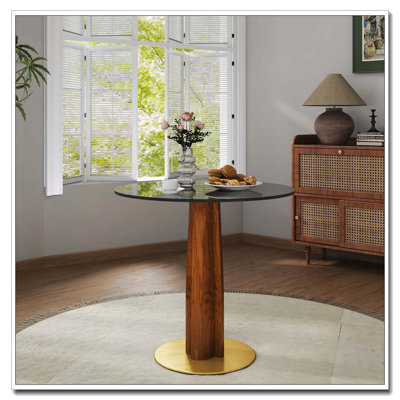 Table de salle à manger ronde moderne, table en verre trempé de 33,5 po avec pieds en bois et base dorée, table de cuisine pour 2 personnes pour un petit espace, capacité de poids de 150 lb (seulement la table de Négociation)
