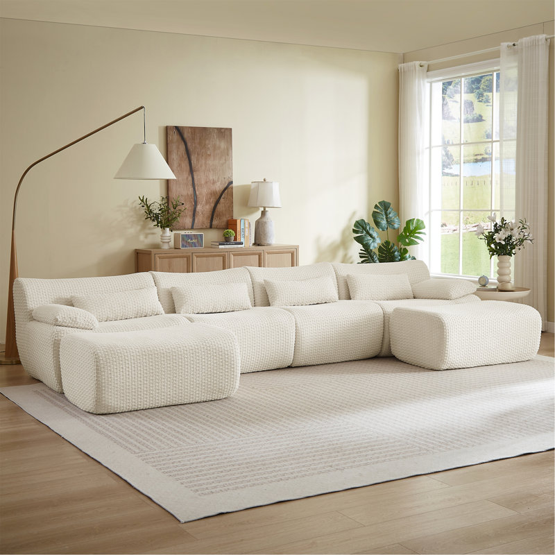 Canapés modulaires pour salon, canapé convertible en U avec repose-pieds, Velours côtelé crème