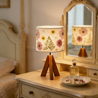 Lampe de table fleurs séchées à la main avec abat-jour en lin et base en bois, lampe de chevet réglable à 3 couleurs DEL 9 W pour chambre de bébé, décoration de salon