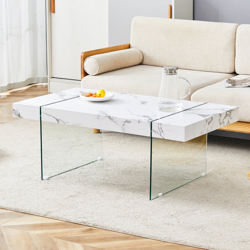Table basse rectangulaire en bois 43,3 po avec pieds en verre trempé, Blanc, Transparent
