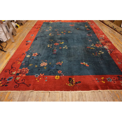 Chinese - Art Deco Rectangle 1920s Knotted Antique Blue Wool Room Size Rug