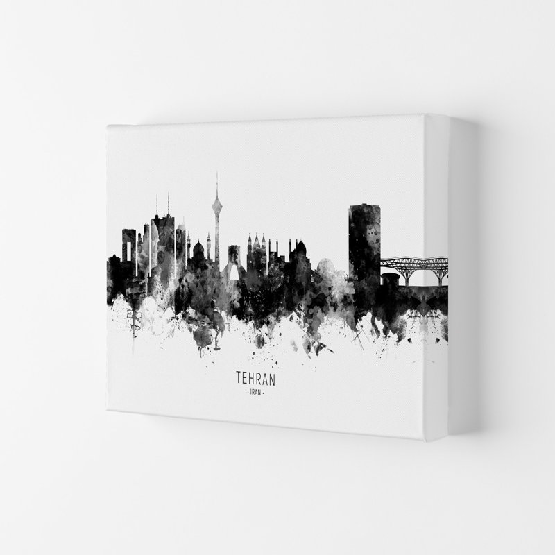 Tehran Iran Skyline Black White City Name by Michael Tompsett - Print, 59.4cm H x 84cm W x 4cm D, Wrapped Canvas