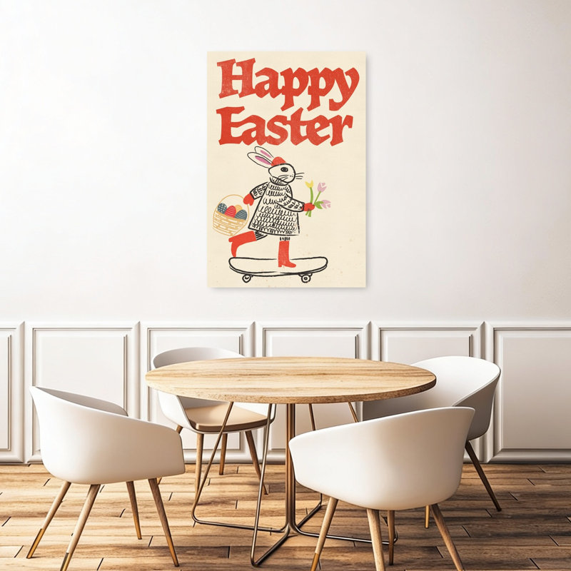 Joyeuses Pâques, patin de lapin, impression de forêt fantaisiste, lapin et tulipe, 48" H x 32" W