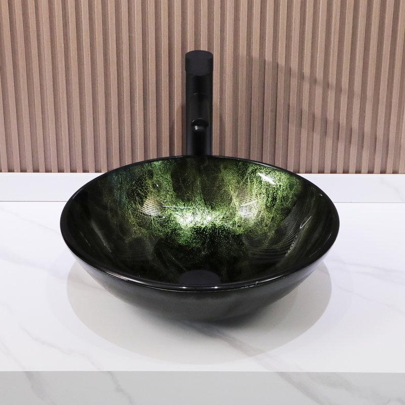 16.5"L x 16.5"W Glass Bathroom Vessel Sink Circle Tempered Glass Bathroom Sink with Pop-up Drain and Basin Faucet