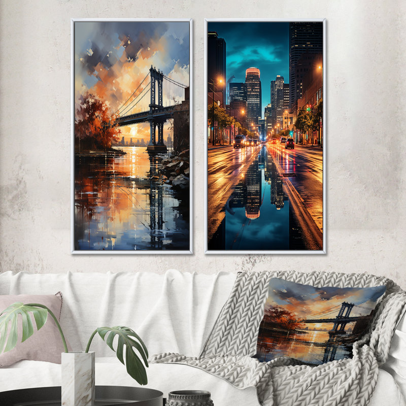«New York Bronx Bridge», 2 pièces sur toile, H 40 po x l 40 po, Cadre blanc