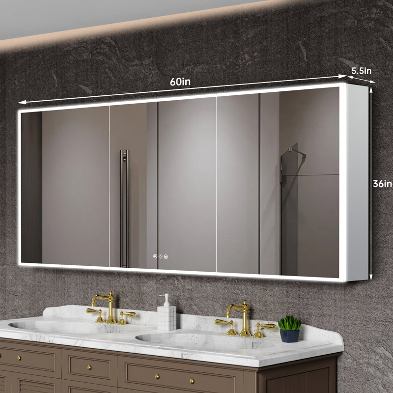 Armoire à pharmacie 3 portes avec éclairage à DEL et prise de courant à montage en surface 60 po x l 36 po H, argent