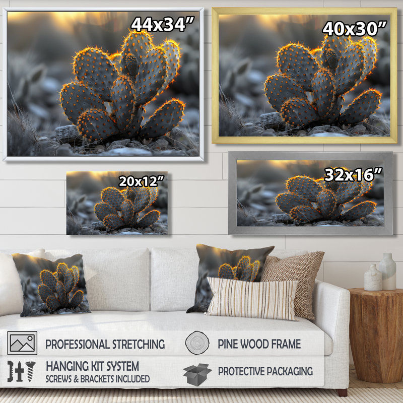 Cactus lumineux jaune et gris - Cactus floral, Toile encadrée noire simple, H 12 po x l 20 po x P 1 po