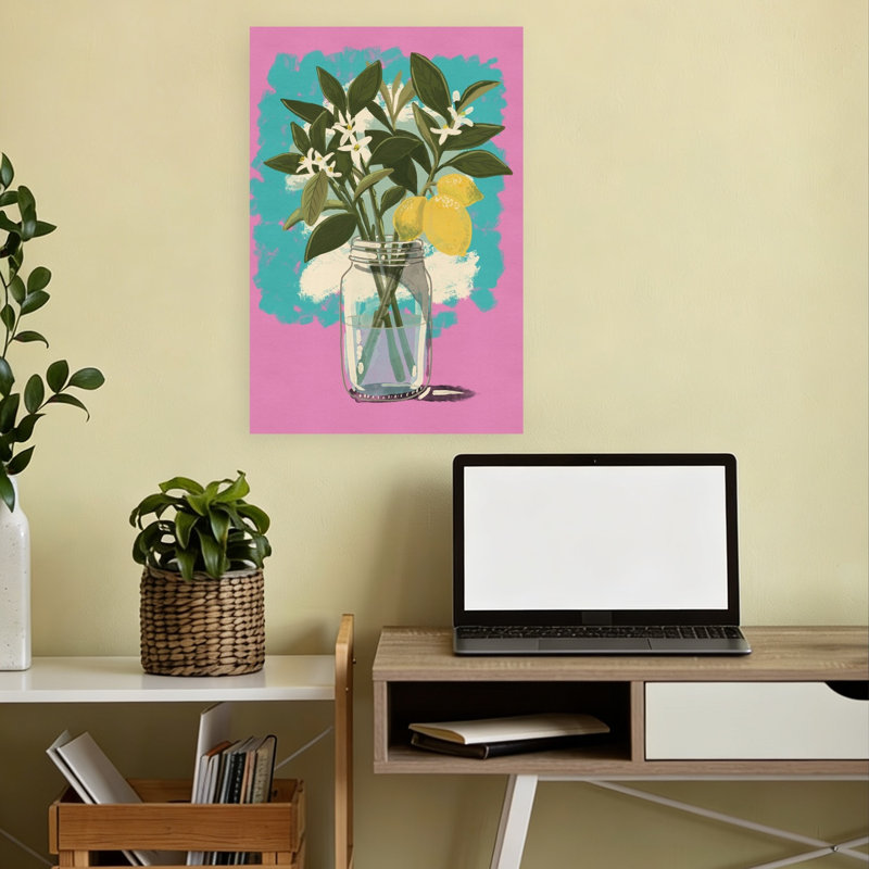 Lemon Blossoms In Jar Vibrant Abstract Contemporary Fruit Plant Wall Art Print by Nicholas - Wrapped Canvas Print