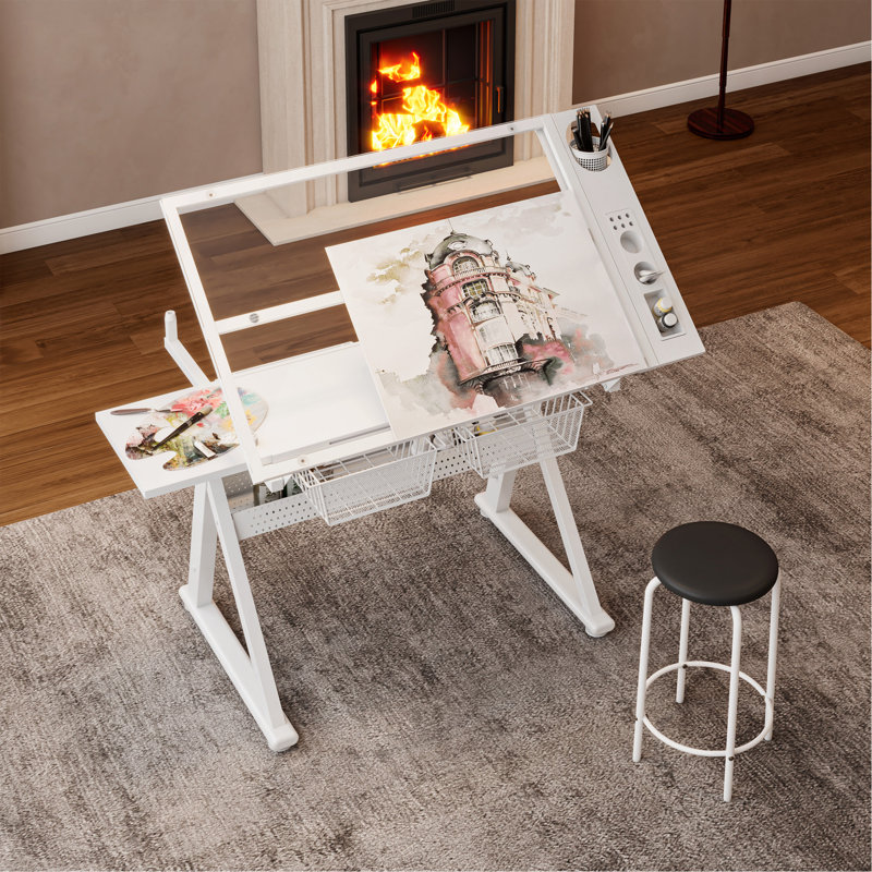 Table de dessin et d'impression en verre trempé réglable à manivelle avec chaise et espace de rangement
