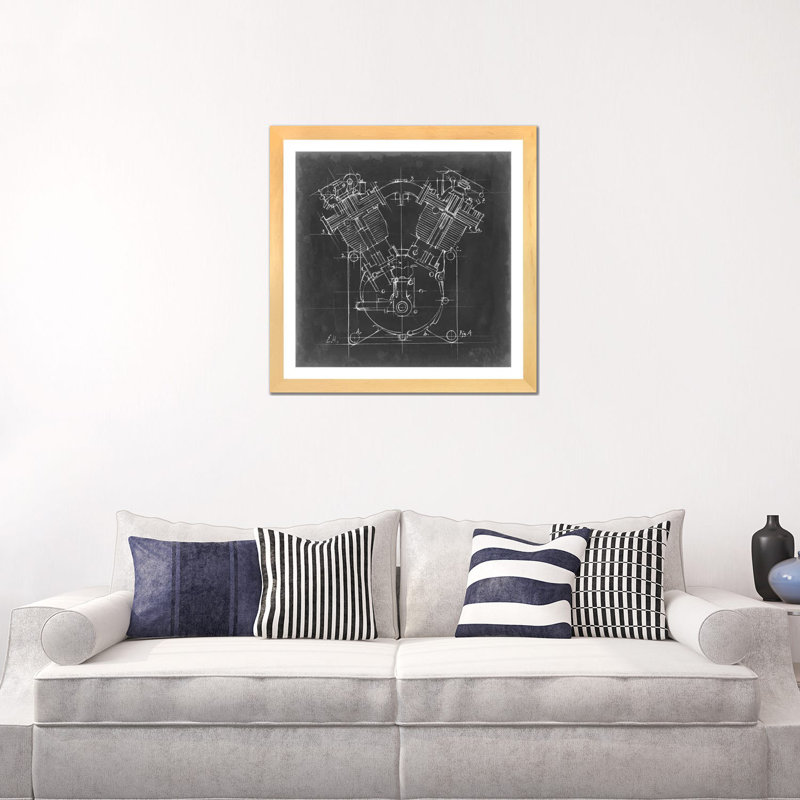 « Motorcycle Engine Blueprint II » par Ethan Harper, reproduction d’art, H 24 po x l 24 po x p 1 po, Blanc