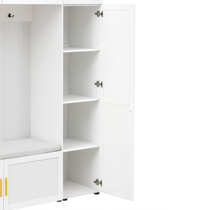 4-in-1 Hall Tree with Padded Bench, 4 Hooks, and Multi-Tier Storage Shelves, Ancient White