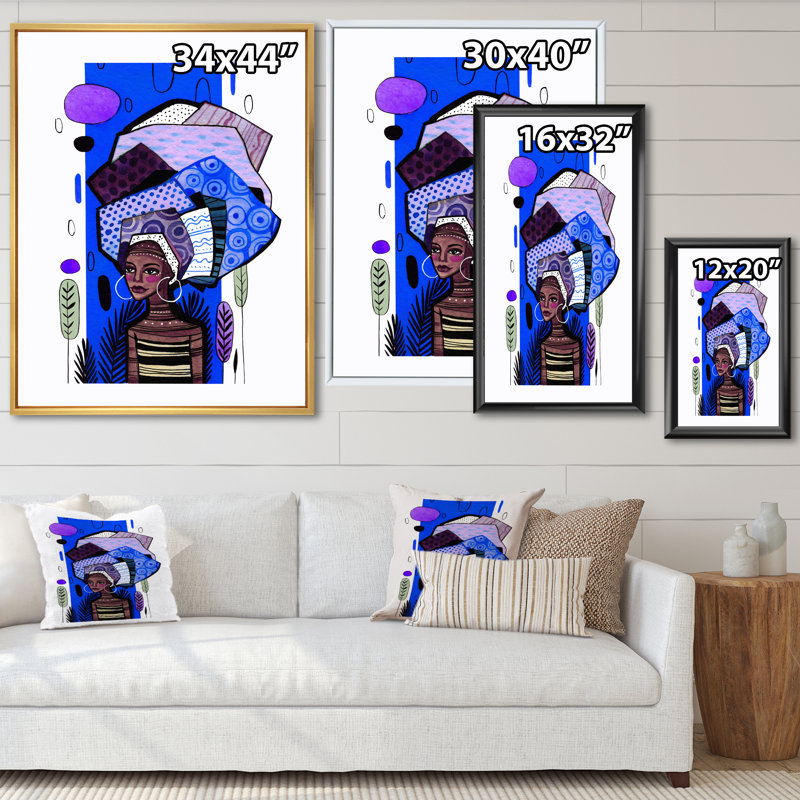 Fille afro-américaine avec géométrie bleue - Peinture sur toile, H 32 po x l 24 po, Cadre flottant en érable
