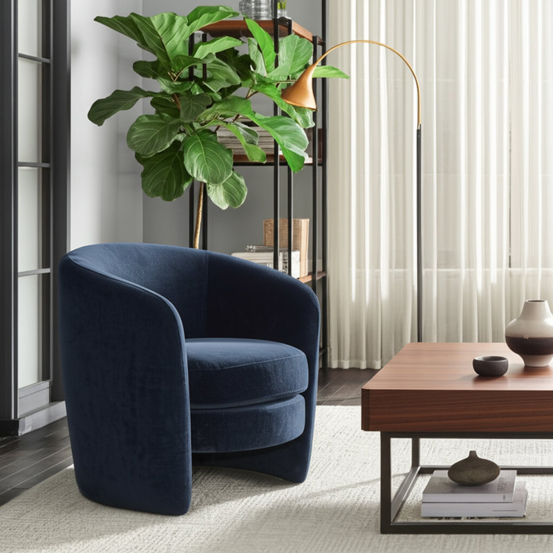 Fauteuil demi-tonneau enveloppant, 100 % lin bleu