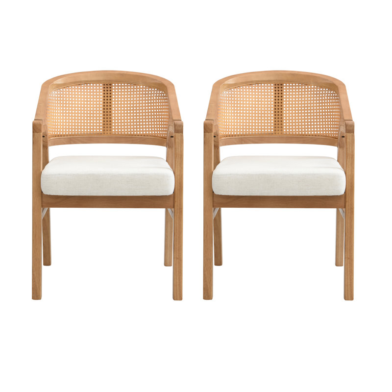 Chaises de salle à manger en bois Stanley avec dossier en canne et siège rembourré, Blanc, Chêne naturel