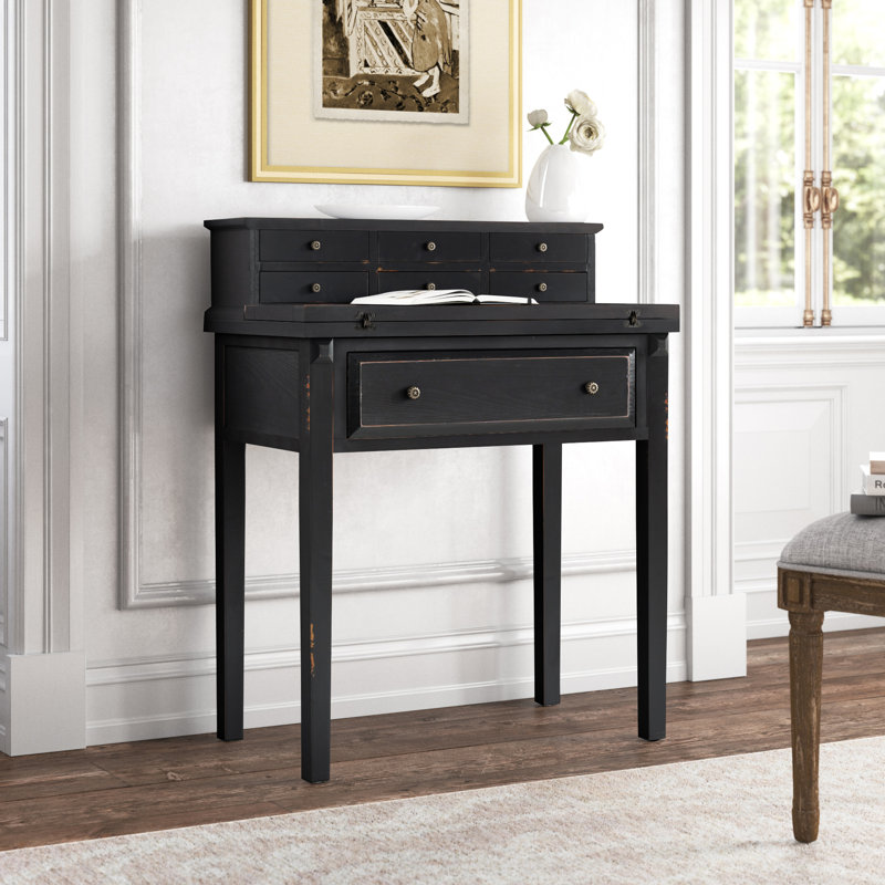 Allizae Solid Wood Writing Desk, Distressed Black