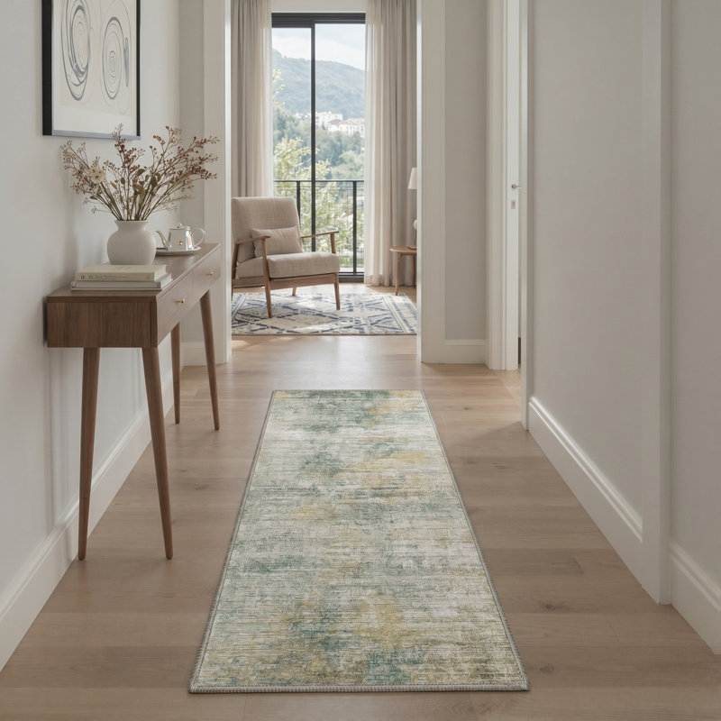 Swoosh Ivory / Sage Indoor Abstract Area Rug,Machine Washable,With Non-Slip Backing, Runner 2' x 6', Ivory,Sage