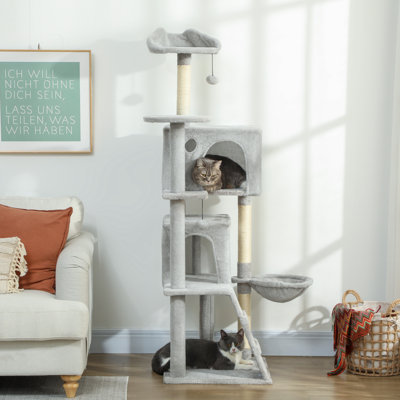Arbre à chat 63 po avec poteaux à griffer en sisal, condos, gris foncé