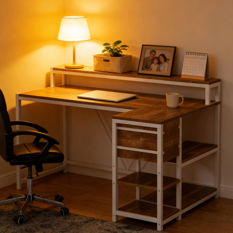 Bureau d'ordinateur avec configuration en forme de L pour un bureau personnel compact, des dossiers d'espace de rangement pour tablettes, une configuration à deux écrans, une structure en métal thermolaqué, une esthétique blanche et chêne, 56,71 po de profondeur