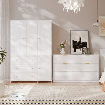 Bedroom 2-Piece Set:  Wardrobe With Mirror And Fluted 6-Drawer Chest