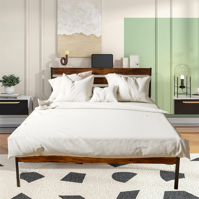 Queen Bed,Iron Platform Bed with Headboard & Storage Space
