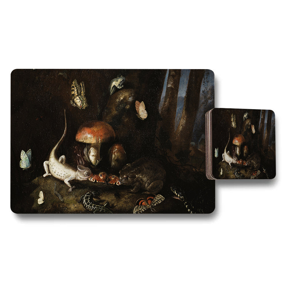 Placemat Coaster Set Featuring Dark Mushroom Forest Still Life Art