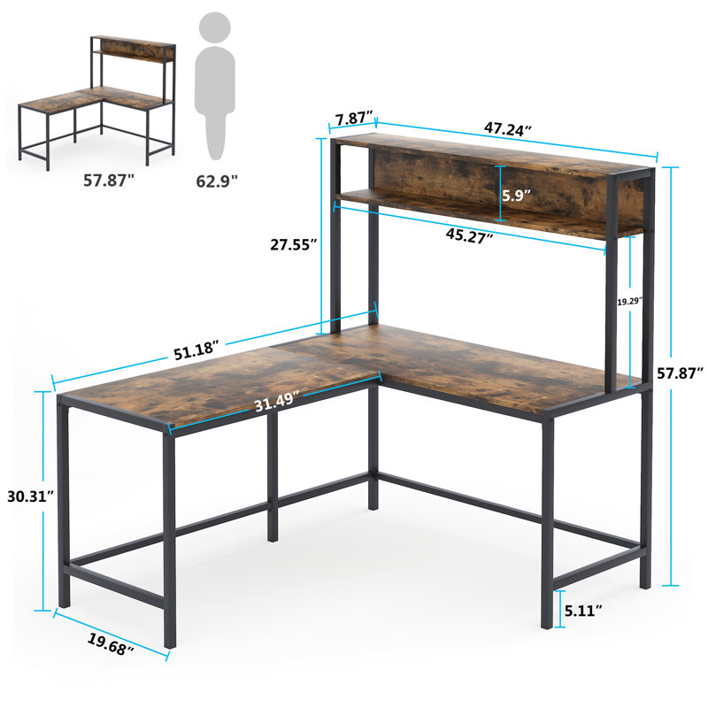 Bureau en L avec huche, bureau d'ordinateur avec tablettes de rangement Mimic