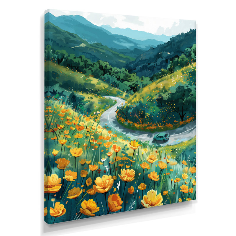 «Green Mountain Summer Flower Meadows II - Landscape Mountains», art mural salon, Toile tendue, H 34 po x l 44 po
