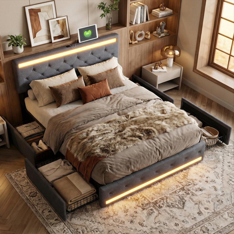 European Double/King (140/160X200cm) Smart LED Linen Storage Bed With 4 Drawers & Charging Station (2 USB / 1 Type-C) ,Dark Grey