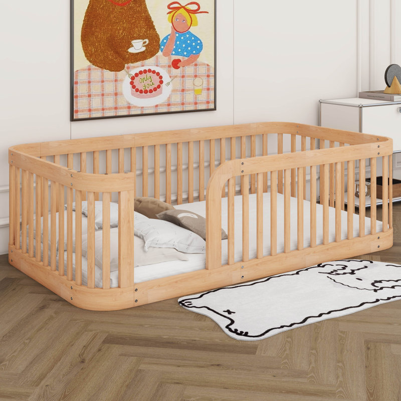 Lit simple avec clôture, lit en bois Montessori, cadre de lit pour enfants avec clôture pour garçons filles, Naturel