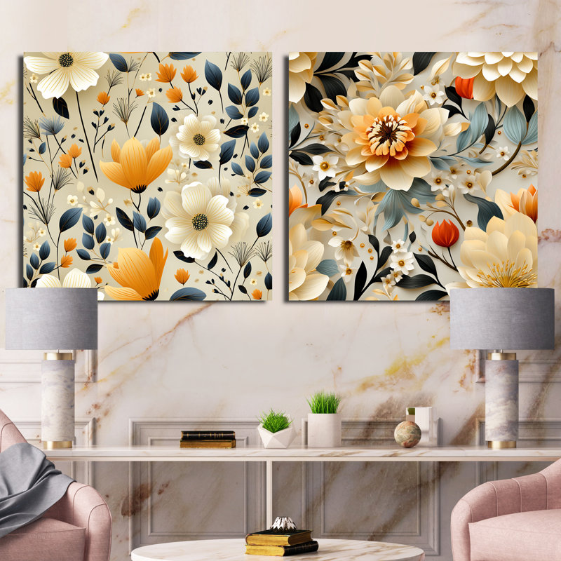 White Blossoms In Paradise III - Ensemble de 2 collages carrés botaniques abstraits, H 30 po x l 61 po, Toile tendue